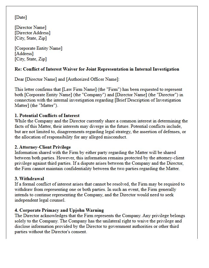 Internal Investigation Conflict Waiver Letter for Corporate Entity and Individual Director
