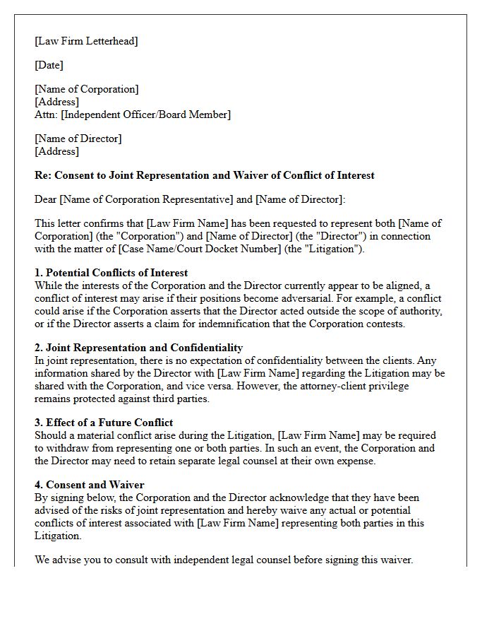 Litigation Defense Conflict Waiver Letter for Corporation and Director