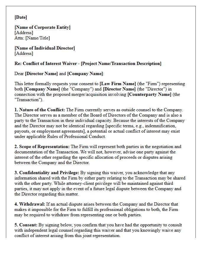 Merger and Acquisition Conflict Waiver Letter for Corporate Entity and Individual Director