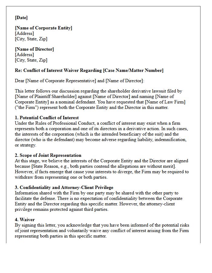 Shareholder Derivative Suit Conflict Waiver Letter for Corporate Entity and Director