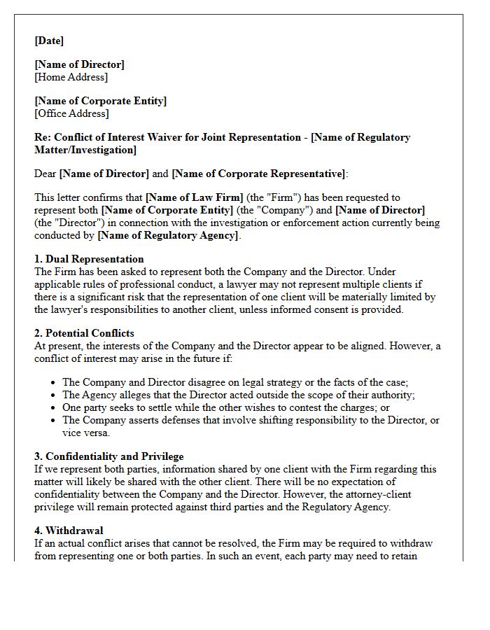 Regulatory Enforcement Conflict Waiver Letter for Corporate Entity and Individual Director