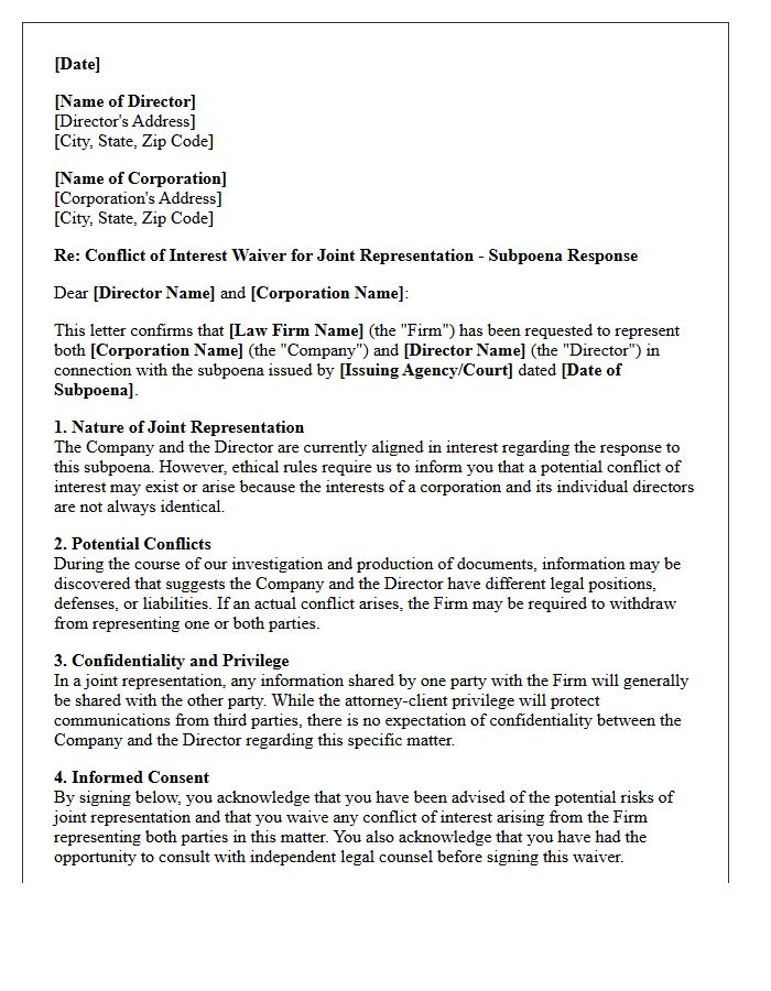 Subpoena Response Conflict Waiver Letter for Corporation and Individual Director
