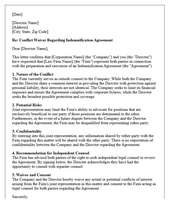 Indemnification Agreement Conflict Waiver Letter for Corporation and Individual Director