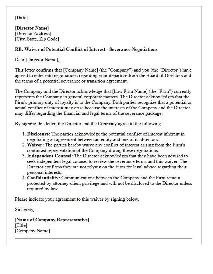 Severance Negotiation Conflict Waiver Letter for Corporate Entity and Departing Director