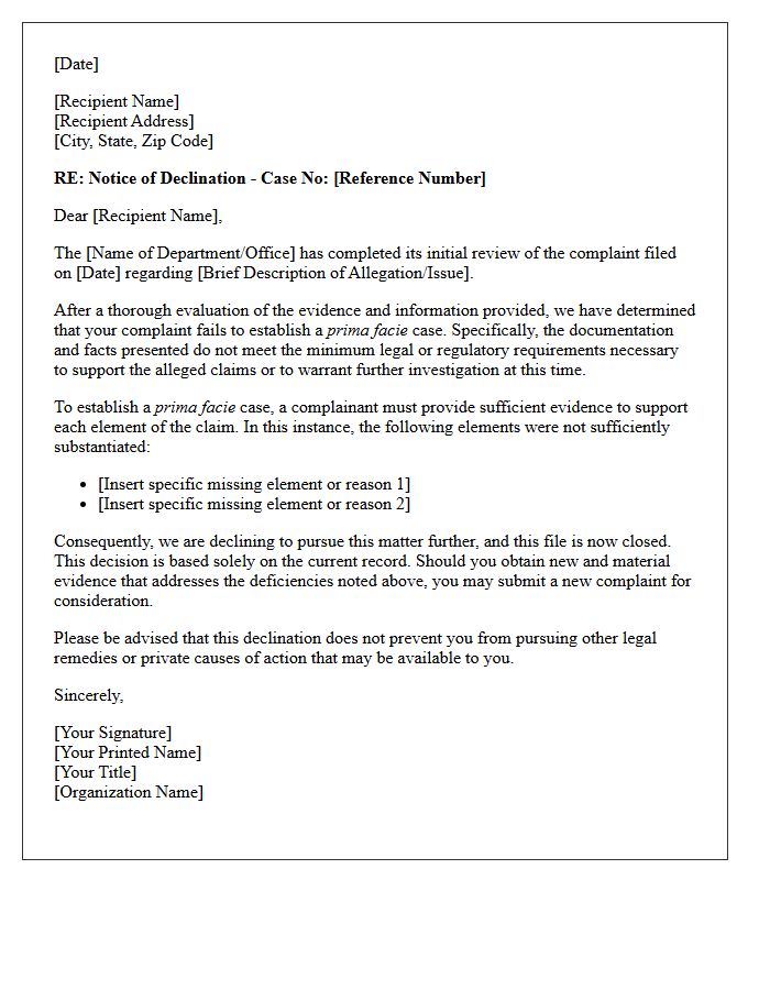 Absence of Prima Facie Case Declination Letter
