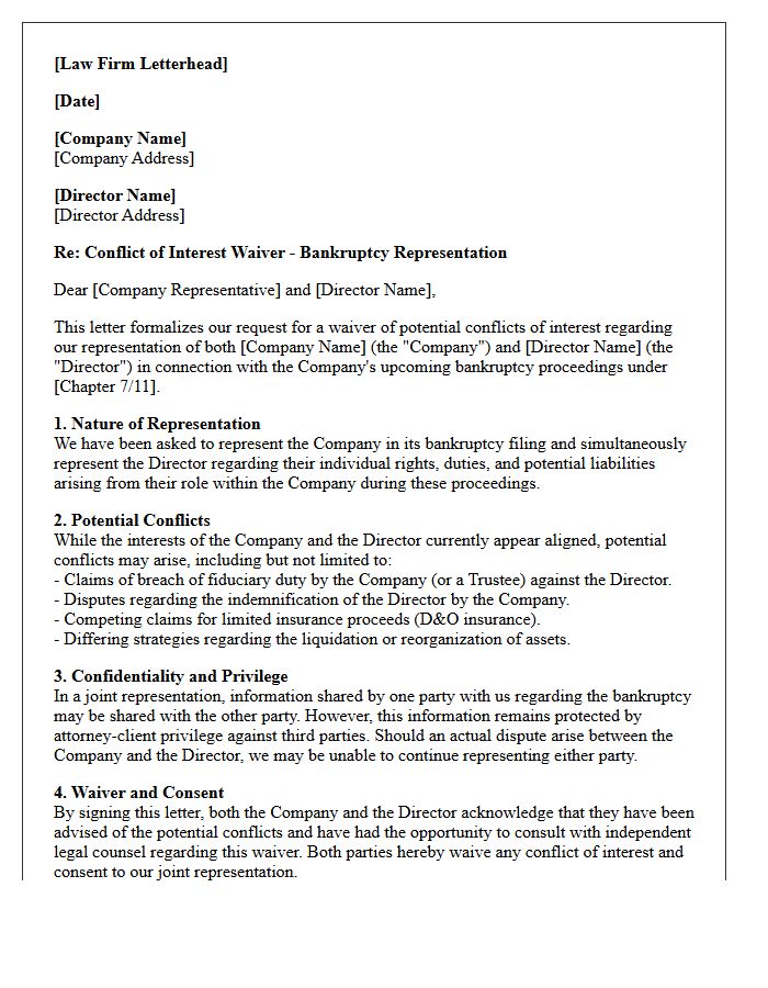 Bankruptcy Proceeding Conflict Waiver Letter for Company and Individual Director