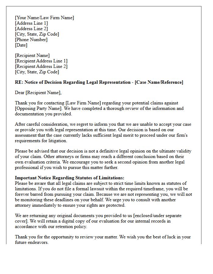 Insufficient Legal Merit Case Rejection Letter
