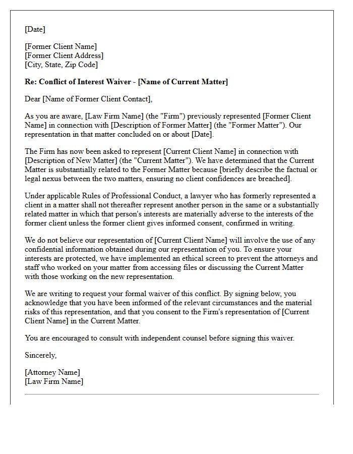 Standard Former Client Substantially Related Matter Conflict Waiver Letter