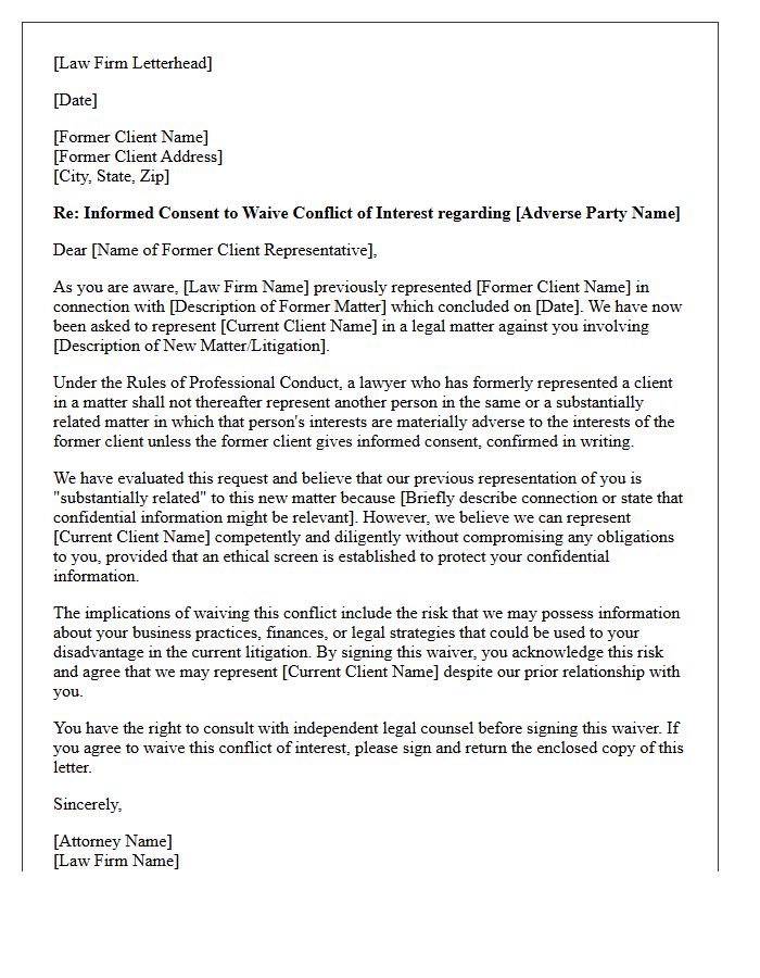 Commercial Litigation Former Client Substantially Related Conflict Waiver Letter