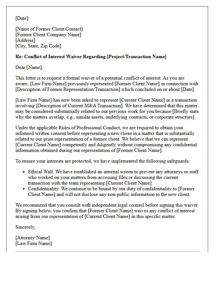 Mergers And Acquisitions Former Client Substantially Related Conflict Waiver Letter
