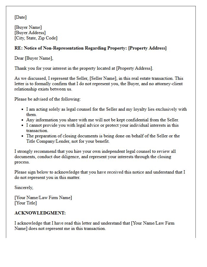 Unrepresented Buyer Real Estate Closing Non-Engagement Letter