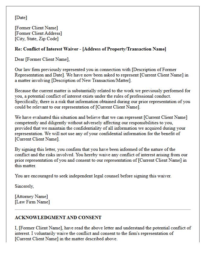 Real Estate Transaction Former Client Substantially Related Conflict Waiver Letter