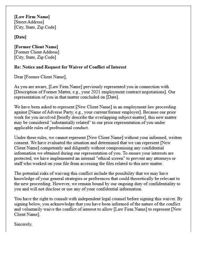 Employment Law Proceeding Former Client Substantially Related Conflict Waiver Letter