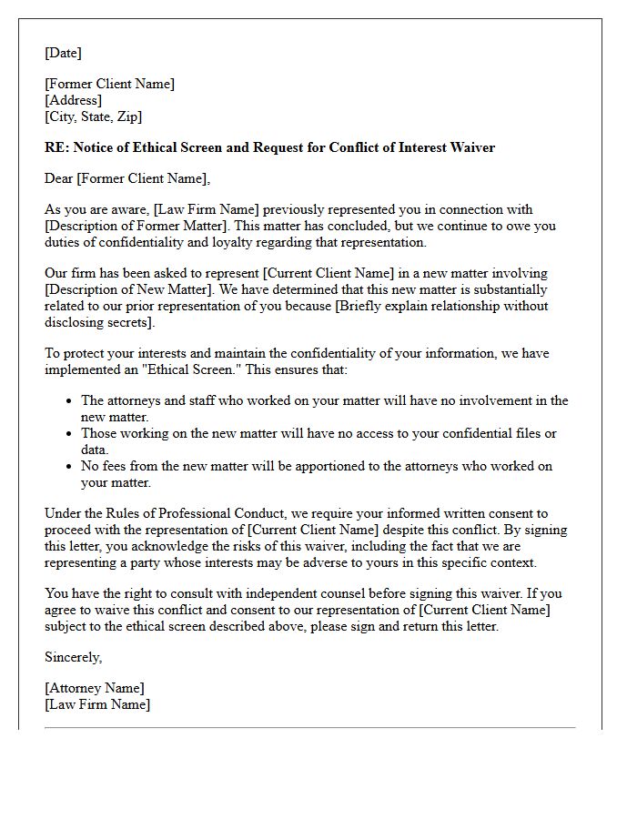 Ethical Screen And Former Client Substantially Related Conflict Waiver Letter