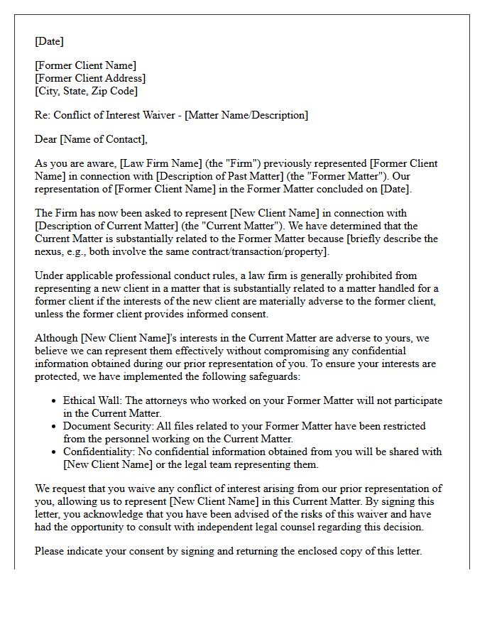 Advance Consent Former Client Substantially Related Matter Conflict Waiver Letter