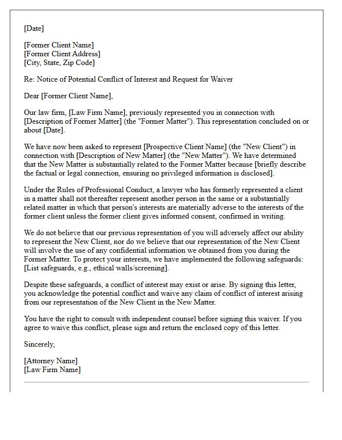 Joint Representation Former Client Substantially Related Conflict Waiver Letter