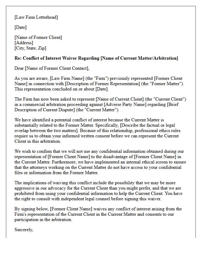 Commercial Arbitration Former Client Substantially Related Conflict Waiver Letter