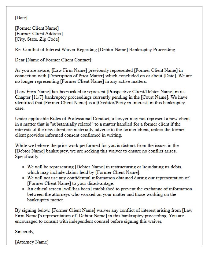 Bankruptcy Proceeding Former Client Substantially Related Conflict Waiver Letter