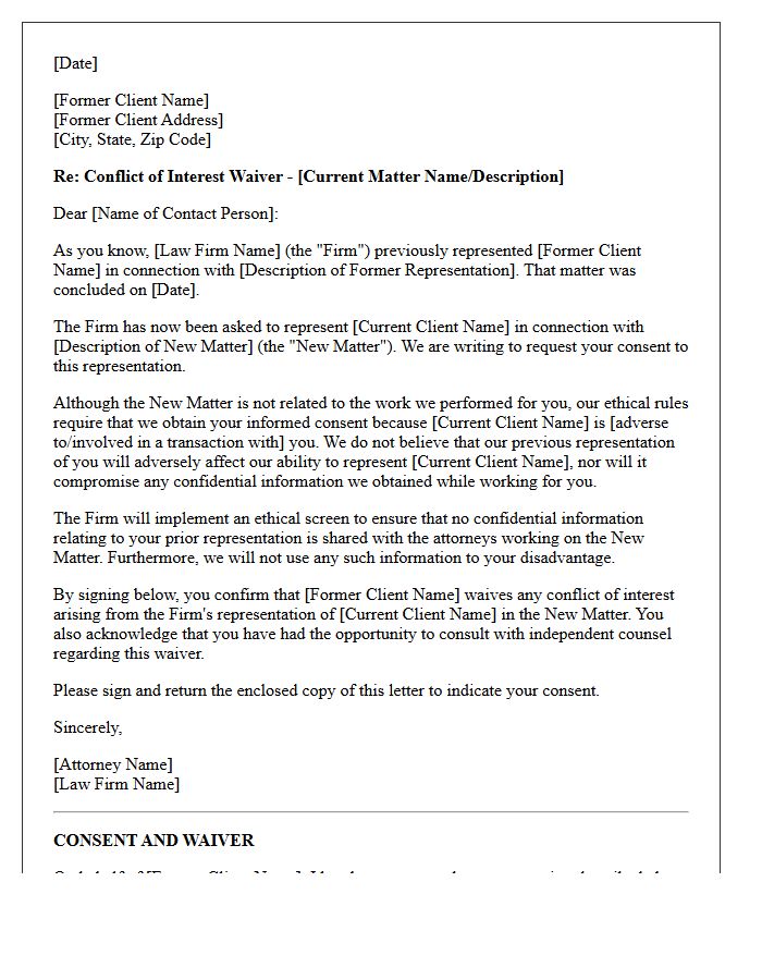 Standard Former Client Unrelated Matter Conflict Waiver Letter
