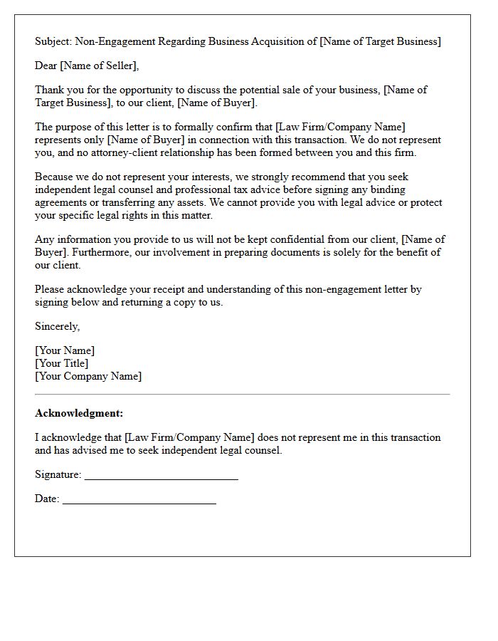 Unrepresented Seller Business Acquisition Non-Engagement Letter