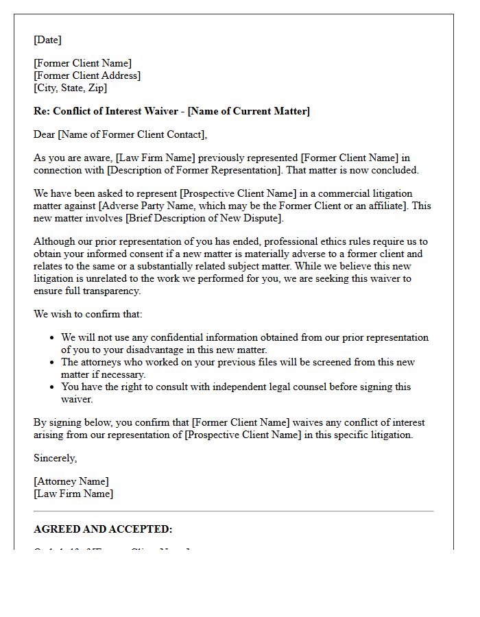 Commercial Litigation Former Client Unrelated Conflict Waiver Letter