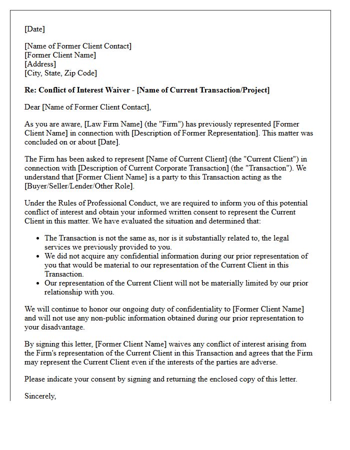 Corporate Transaction Former Client Unrelated Matter Waiver Letter
