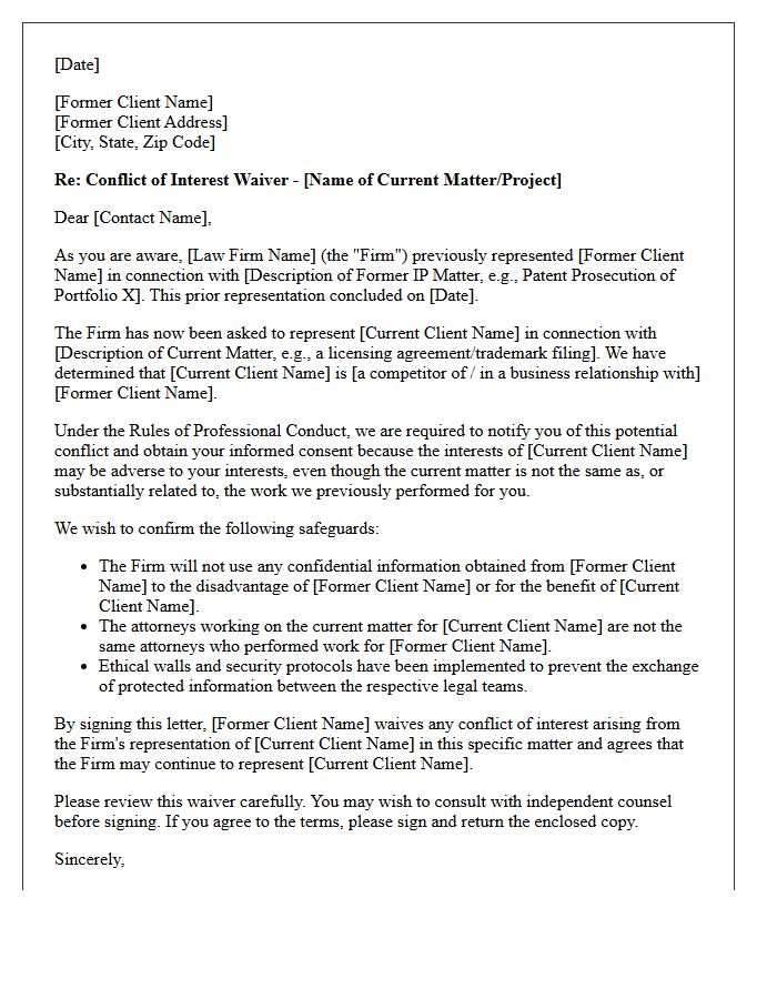 Intellectual Property Former Client Unrelated Conflict Waiver Letter