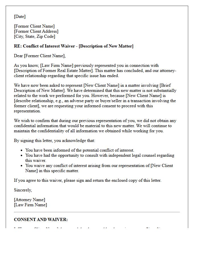 Real Estate Former Client Unrelated Matter Conflict Waiver Letter