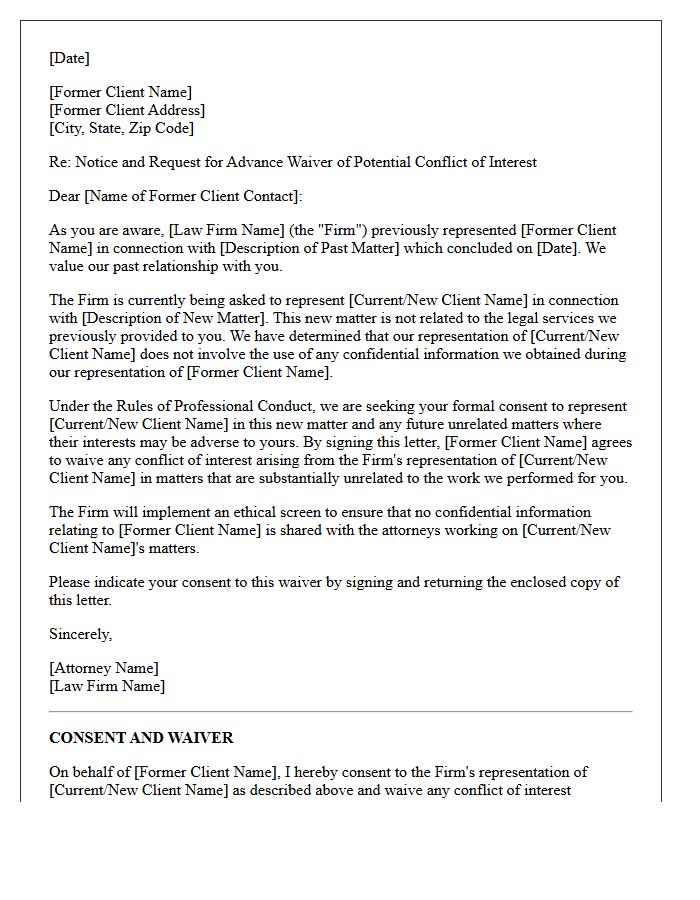 Advance Consent Former Client Unrelated Representation Waiver Letter