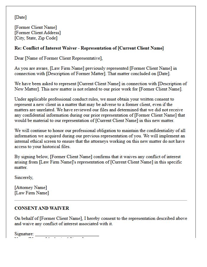 Written Confirmation Former Client Unrelated Matter Waiver Letter