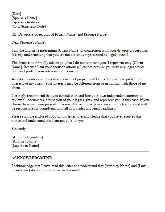Unrepresented Spouse Divorce Proceeding Non-Engagement Letter