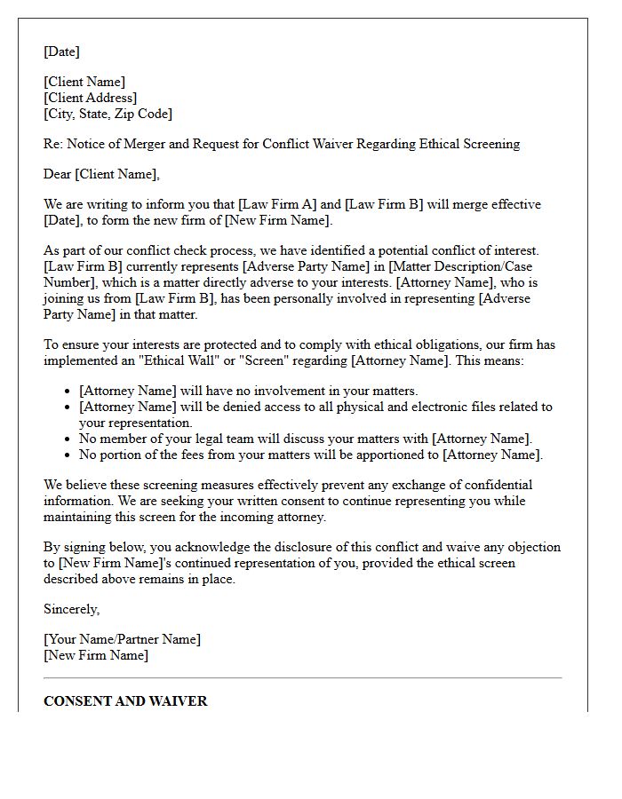 Law Firm Merger Screened Attorney Conflict Waiver Letter