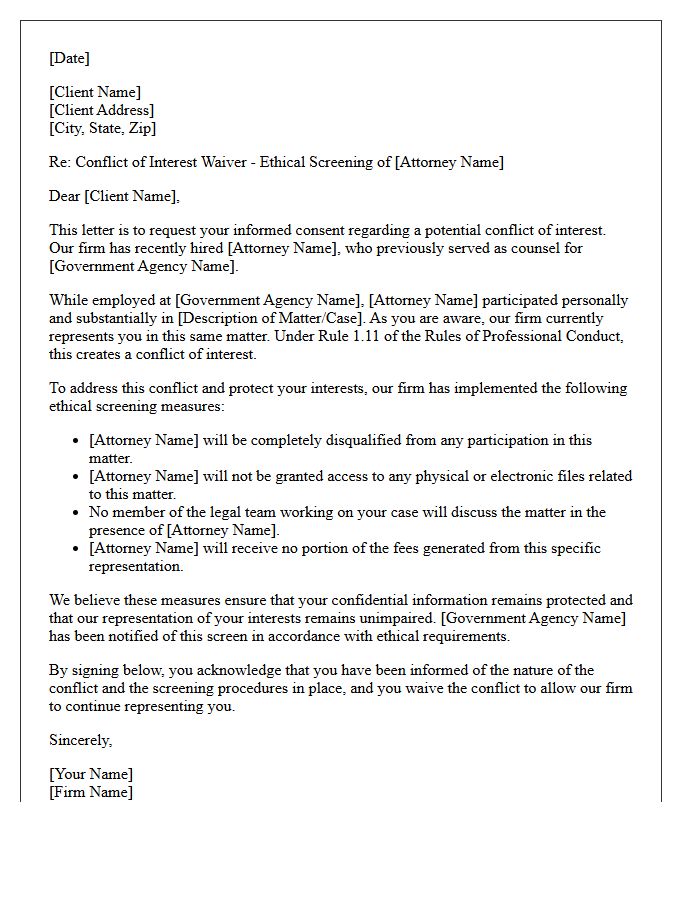 Former Government Counsel Screened Attorney Conflict Waiver Letter