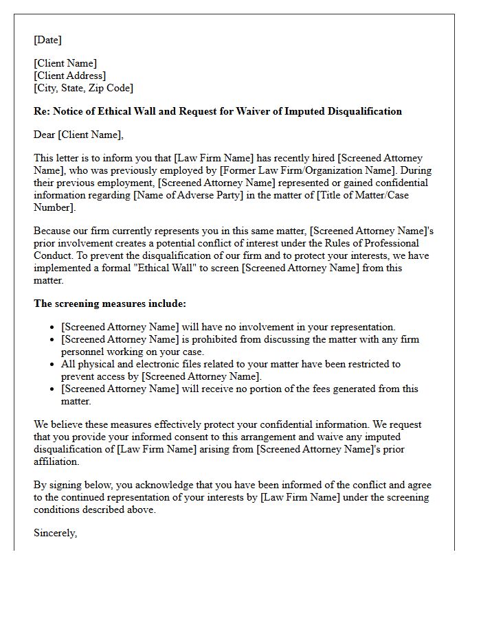 Imputed Disqualification Screened Attorney Waiver Letter