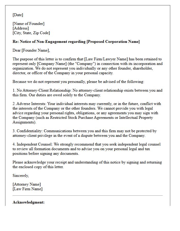 Unrepresented Founder Corporate Incorporation Non-Engagement Letter