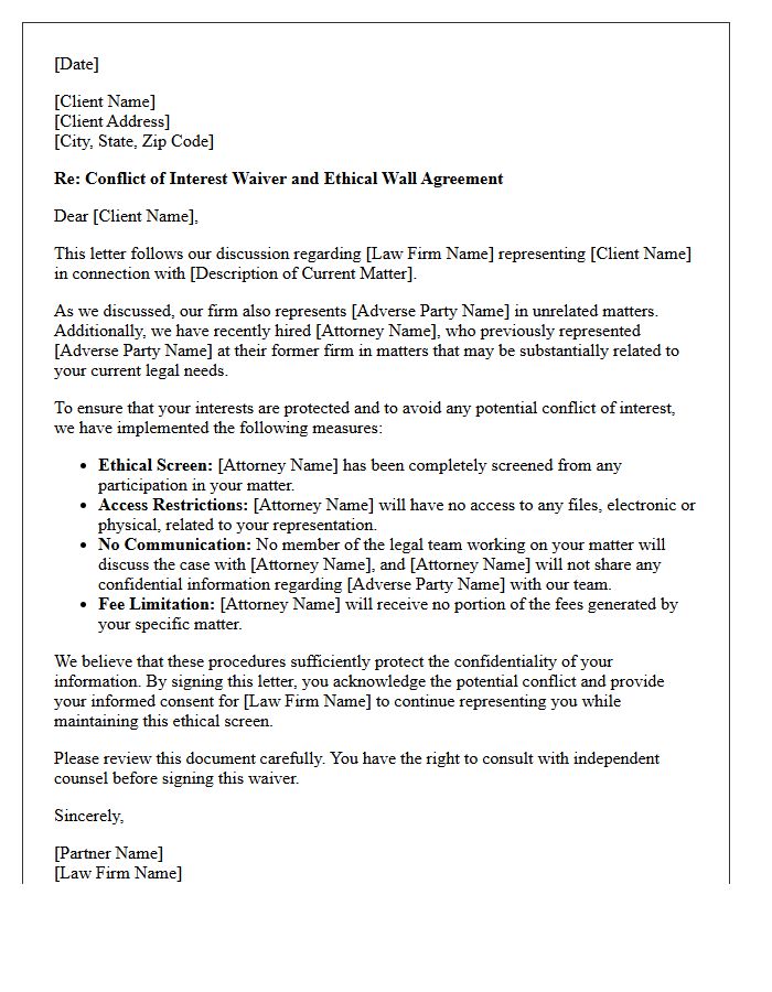 Advance Conflict Waiver And Screened Attorney Letter