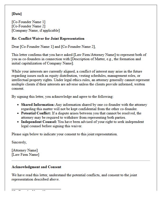Business Co-Founders Joint Representation Conflict Waiver Letter