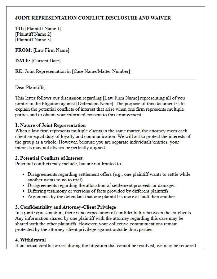 Multiple Plaintiffs Litigation Joint Representation Conflict Waiver Letter
