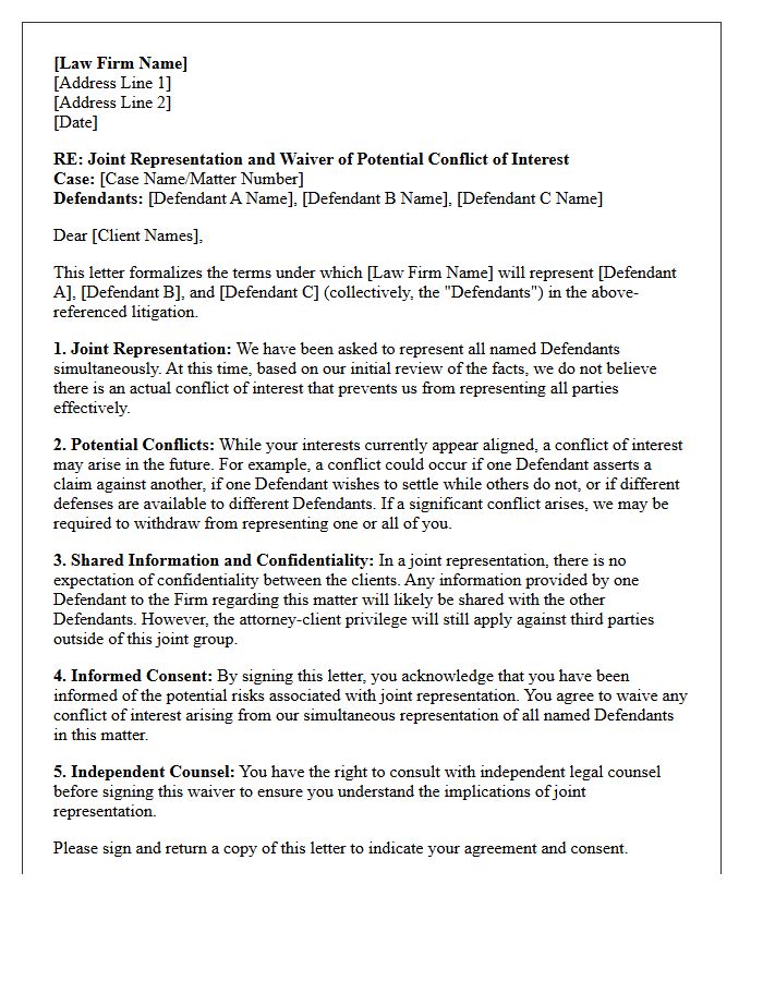 Multiple Defendants Litigation Joint Representation Conflict Waiver Letter