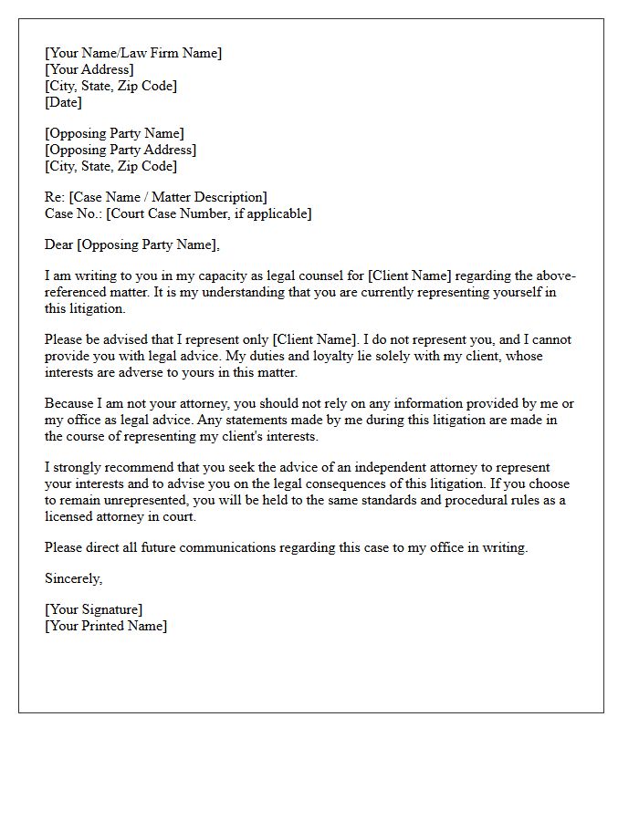 Unrepresented Opposing Party Litigation Non-Engagement Letter