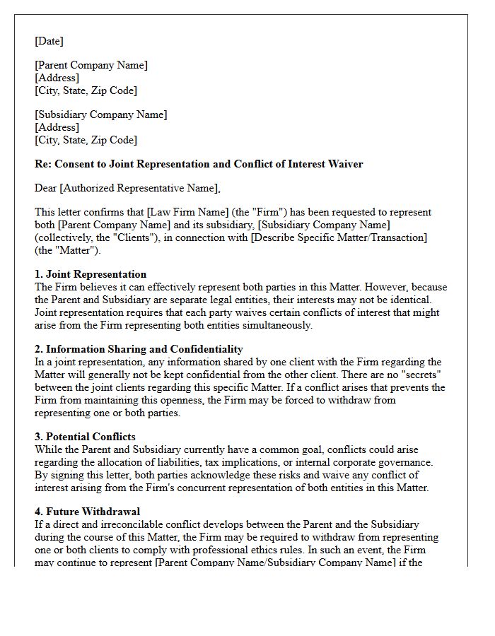 Parent And Subsidiary Company Joint Representation Conflict Waiver Letter