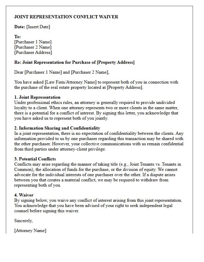 Real Estate Co-Purchasers Joint Representation Conflict Waiver Letter