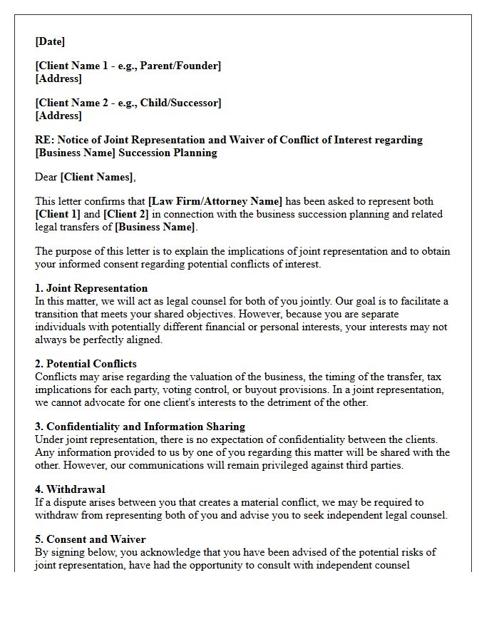 Family Business Succession Joint Representation Conflict Waiver Letter