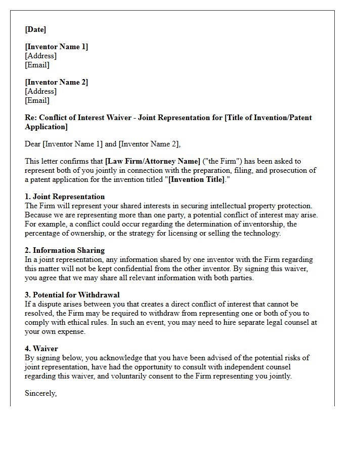Intellectual Property Co-Inventors Joint Representation Conflict Waiver Letter