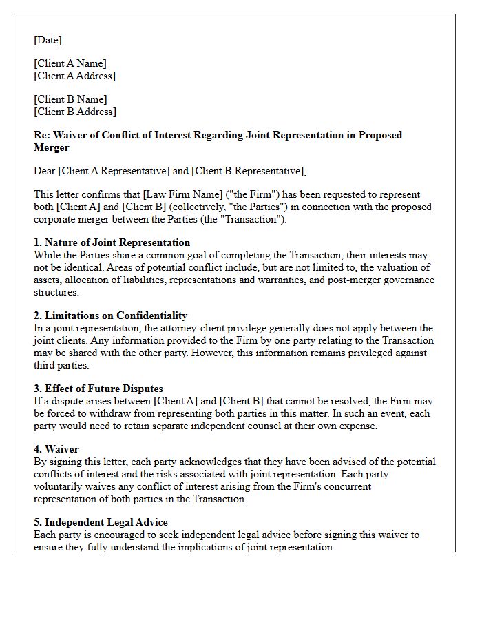 Corporate Merger Joint Representation Conflict Waiver Letter