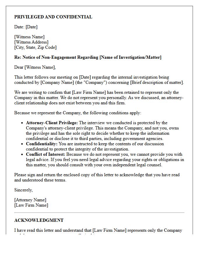 Unrepresented Witness Corporate Investigation Non-Engagement Letter