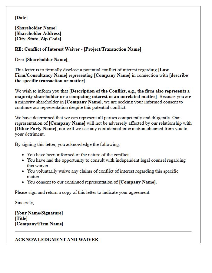 Minority Shareholder Conflict Waiver Letter