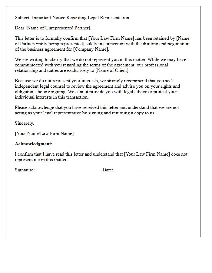 Unrepresented Partner Business Agreement Non-Engagement Letter