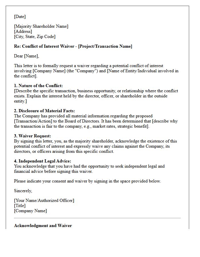 Majority Shareholder Conflict Waiver Letter