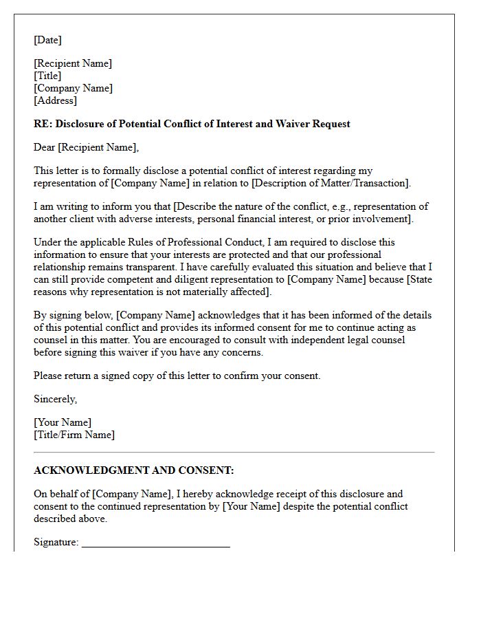 Corporate Counsel Conflict Disclosure Letter